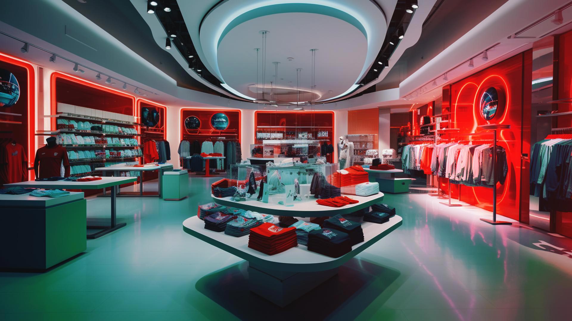 Modern retail store interior with red-lit displays and merchandise tables